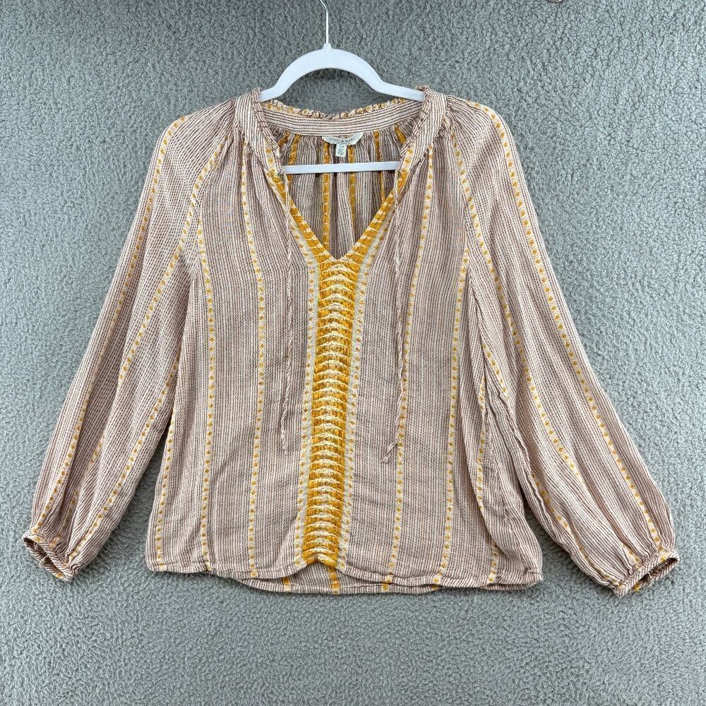 Lucky Brand Boho Striped Embroidered Peasant Blouse | Size Small